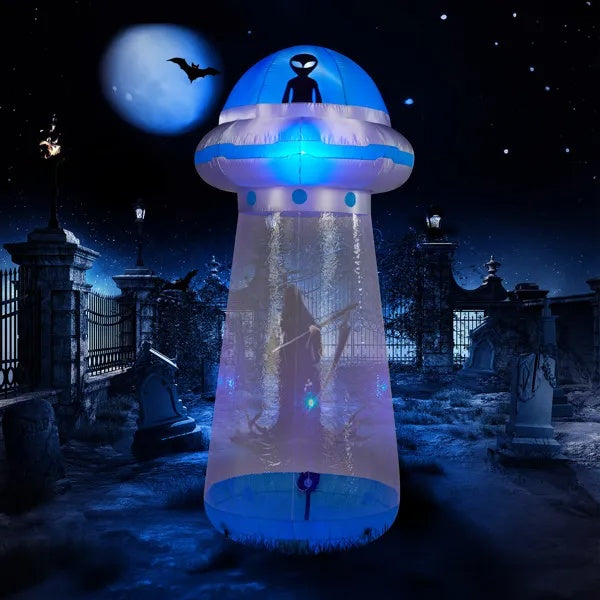 8.8-foot inflatable UFO yard decoration with built-in LED lights and a stand-inside design