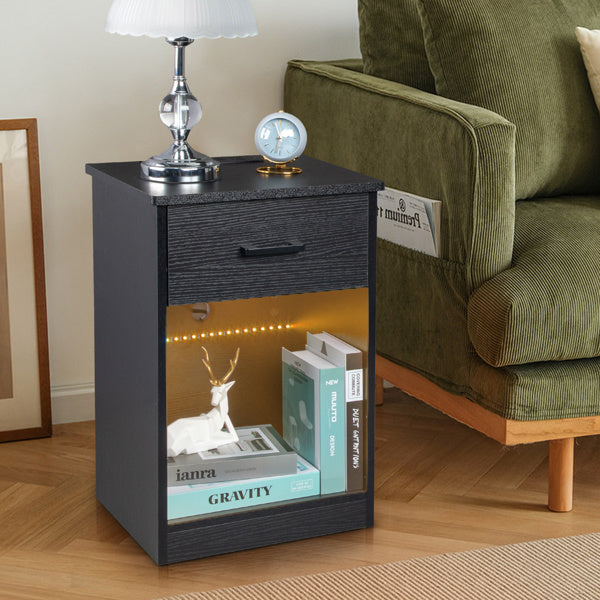 Black Single Drawer Table With Socket And LED Light