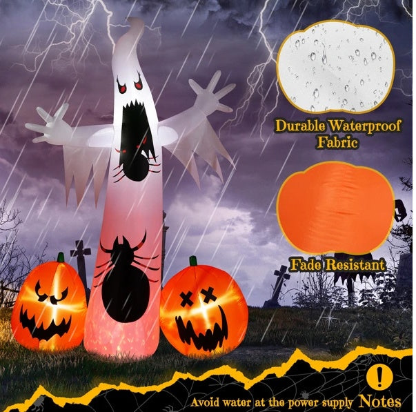 11.8-foot Halloween inflatable featuring a ghost, a spider, and pumpkins, designed for outdoor decoration