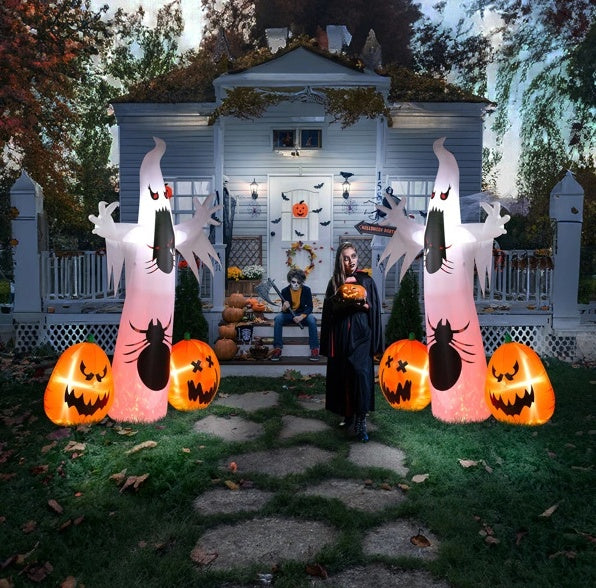 11.8-foot Halloween inflatable featuring a ghost, a spider, and pumpkins, designed for outdoor decoration