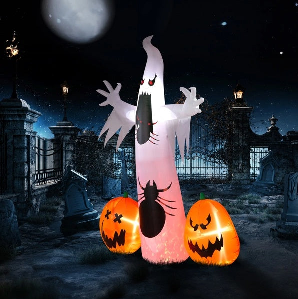 11.8-foot Halloween inflatable featuring a ghost, a spider, and pumpkins, designed for outdoor decoration