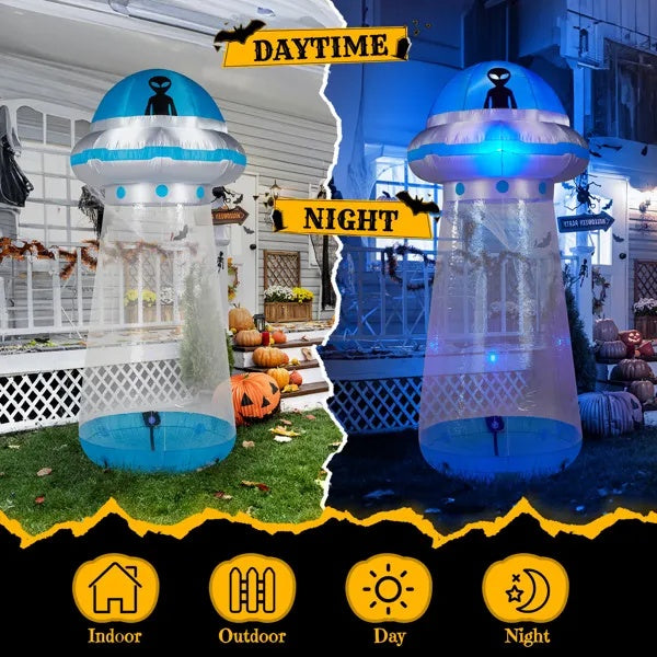 8.8-foot inflatable UFO yard decoration with built-in LED lights and a stand-inside design