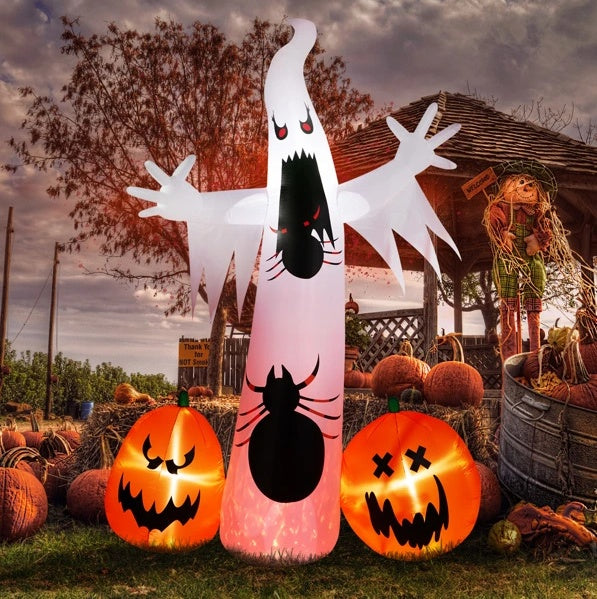 11.8-foot Halloween inflatable featuring a ghost, a spider, and pumpkins, designed for outdoor decoration