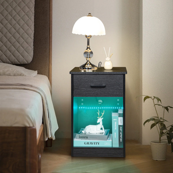 Black Single Drawer Table With Socket And LED Light
