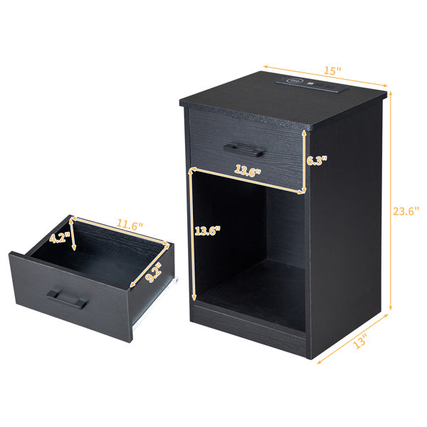 Black Single Drawer Table With Socket And LED Light