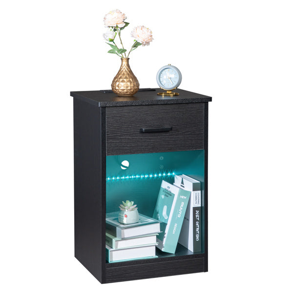 Black Single Drawer Table With Socket And LED Light