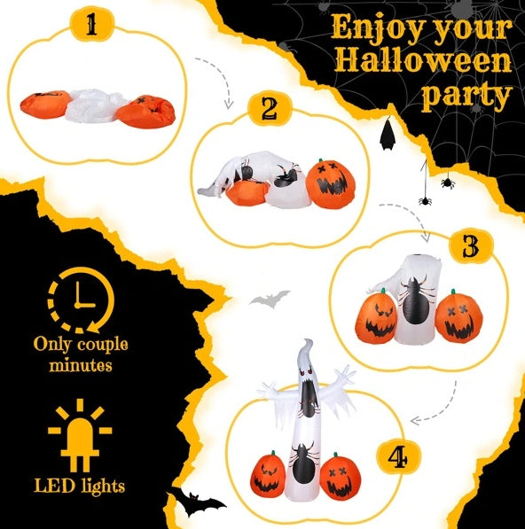 11.8-foot Halloween inflatable featuring a ghost, a spider, and pumpkins, designed for outdoor decoration